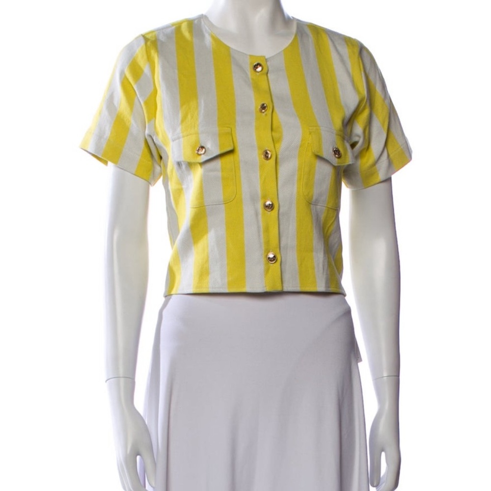 Miguelina Yellow and White Crop Button Down Shirt